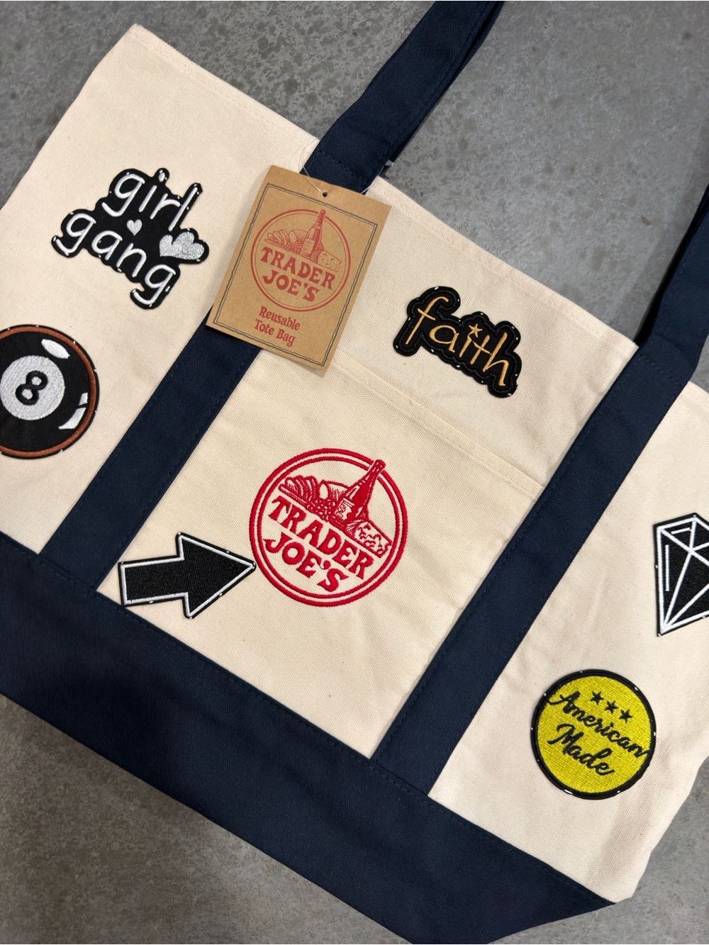 One of a Kind Trader Joe’s Canvas Tote NWT Handmade Girl Gang Custom Patch Bag